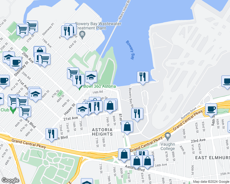 map of restaurants, bars, coffee shops, grocery stores, and more near 80-8 19th Avenue in Queens