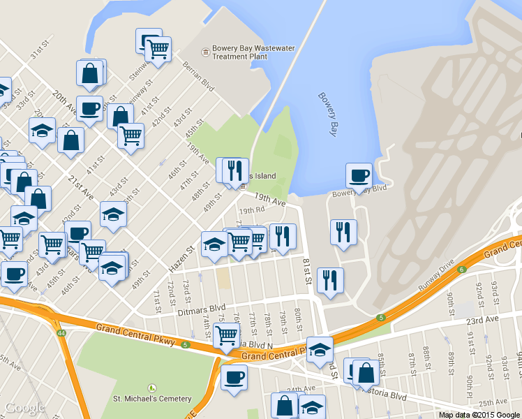 map of restaurants, bars, coffee shops, grocery stores, and more near 79-18 19th Avenue in Queens