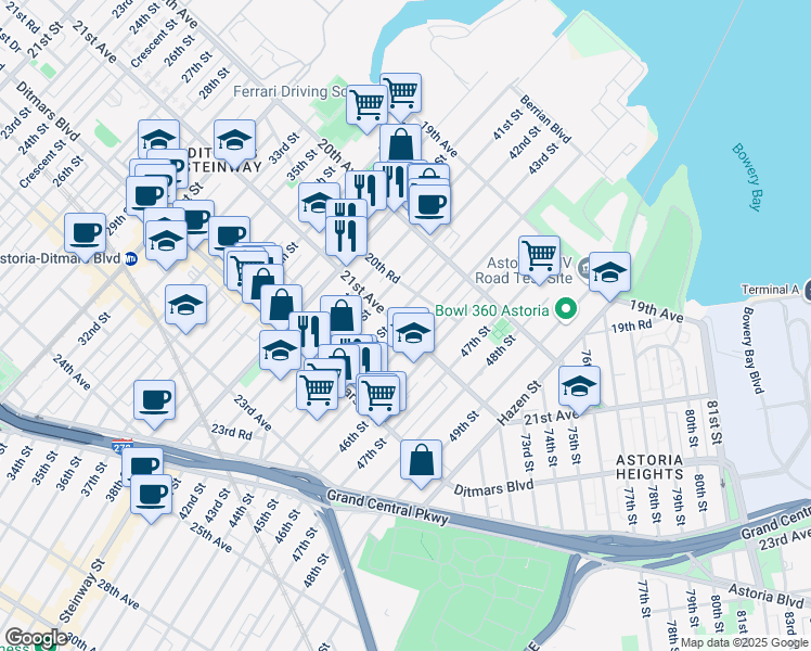 map of restaurants, bars, coffee shops, grocery stores, and more near 20-67 45th Street in Queens