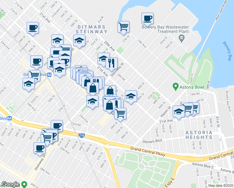 map of restaurants, bars, coffee shops, grocery stores, and more near 21-36 42nd Street in Queens