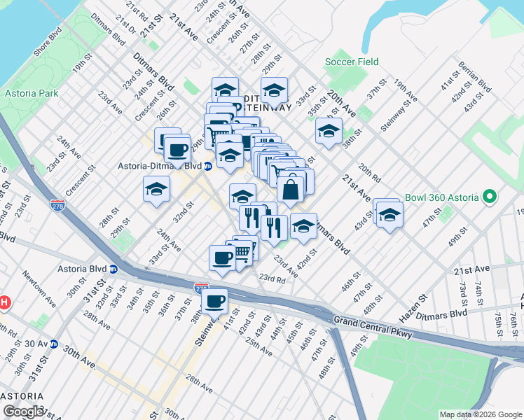 map of restaurants, bars, coffee shops, grocery stores, and more near 22-29 37th Street in Queens