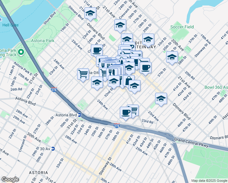 map of restaurants, bars, coffee shops, grocery stores, and more near 23-26 33rd Street in Queens