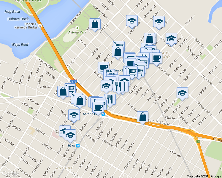 map of restaurants, bars, coffee shops, grocery stores, and more near in Queens