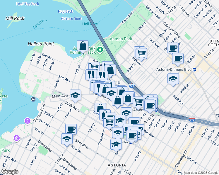 map of restaurants, bars, coffee shops, grocery stores, and more near 25-52 22nd Street in Queens