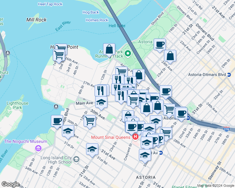 map of restaurants, bars, coffee shops, grocery stores, and more near 1437 27th Avenue in Queens