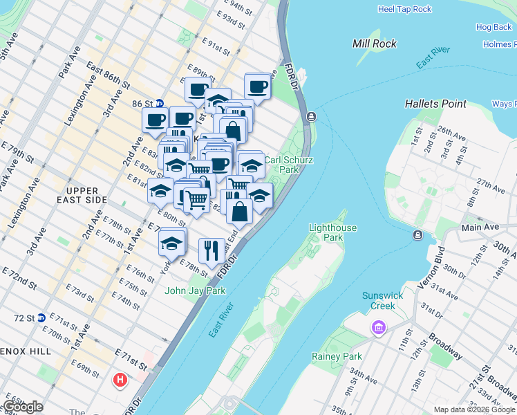 map of restaurants, bars, coffee shops, grocery stores, and more near 615 East 83rd Street in New York