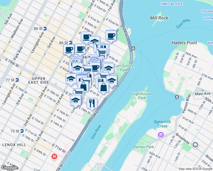 map of restaurants, bars, coffee shops, grocery stores, and more near in New York
