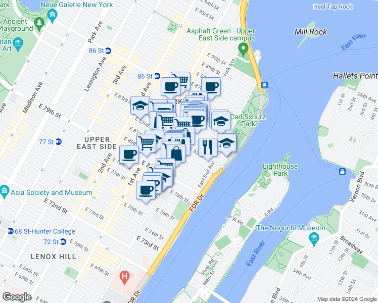 map of restaurants, bars, coffee shops, grocery stores, and more near 506 East 82nd Street in New York