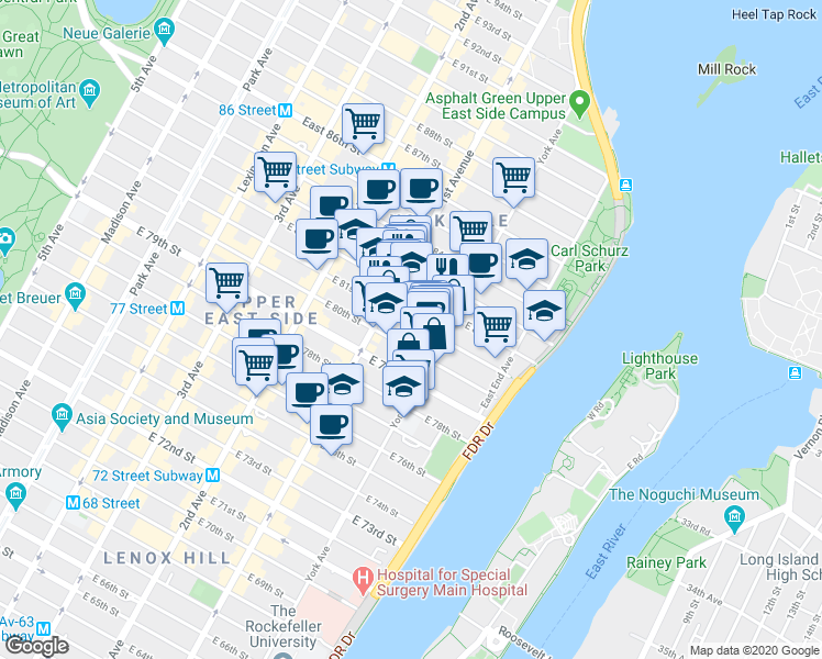 map of restaurants, bars, coffee shops, grocery stores, and more near 451 East 81st Street in New York
