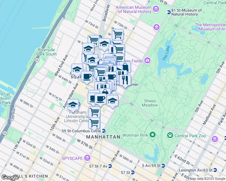 map of restaurants, bars, coffee shops, grocery stores, and more near 47 West 66th Street in New York