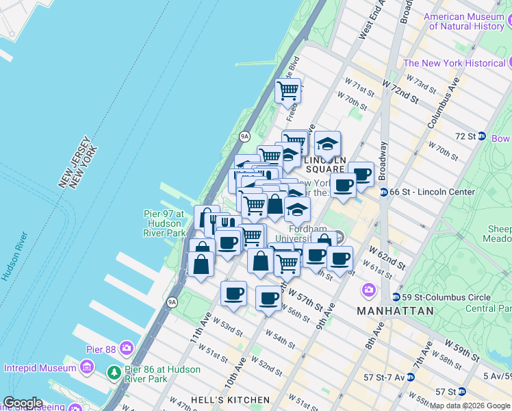 map of restaurants, bars, coffee shops, grocery stores, and more near 21 West End Avenue in New York