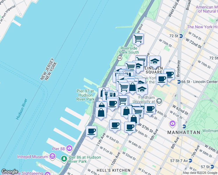 map of restaurants, bars, coffee shops, grocery stores, and more near 10 Riverside Boulevard in New York