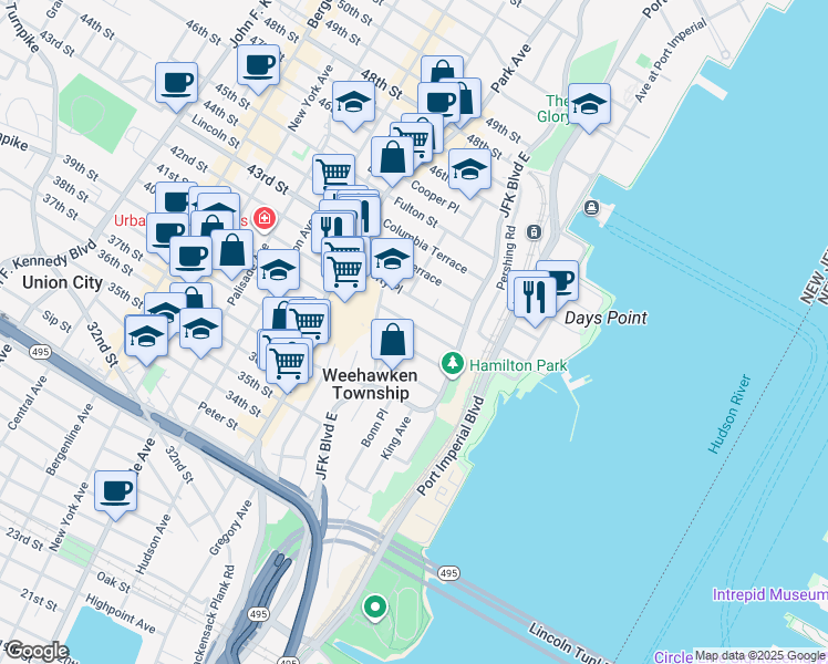 map of restaurants, bars, coffee shops, grocery stores, and more near 29 Eldorado Place in Weehawken