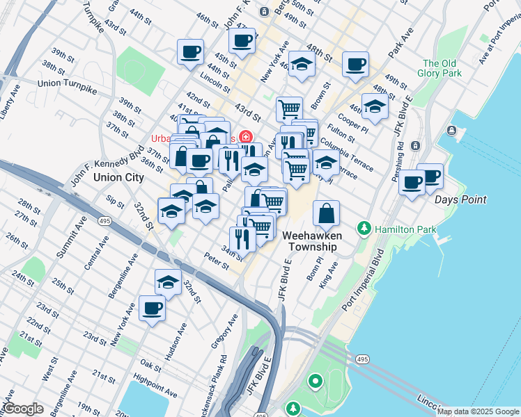 map of restaurants, bars, coffee shops, grocery stores, and more near 111 38th Street in Union City