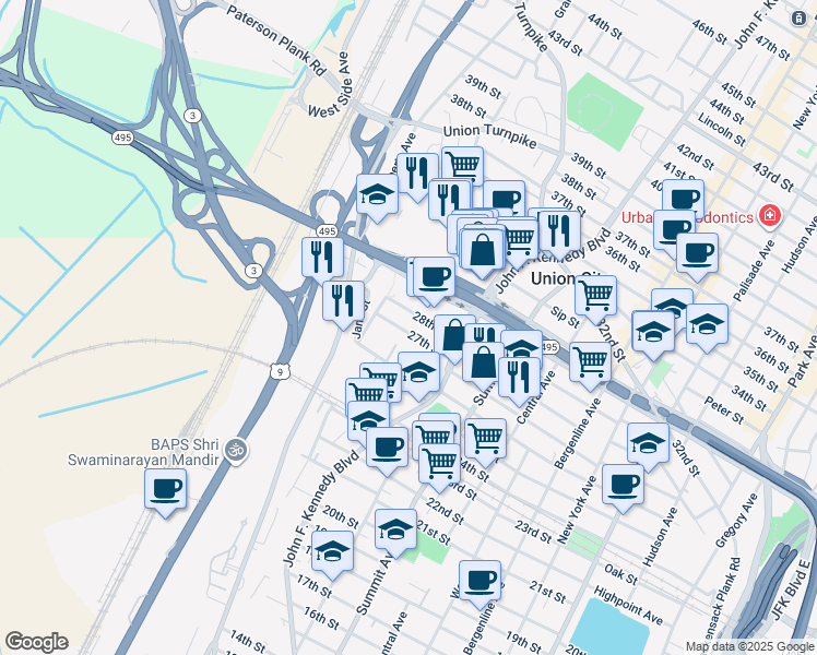 map of restaurants, bars, coffee shops, grocery stores, and more near 1217 28th Street in North Bergen