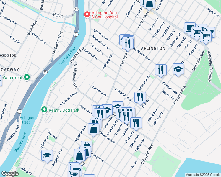 map of restaurants, bars, coffee shops, grocery stores, and more near 10 Columbia Avenue in Kearny
