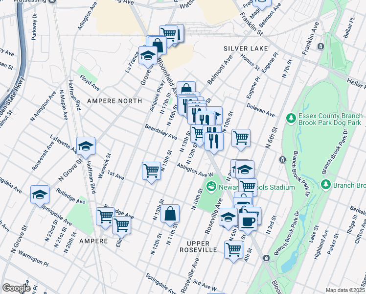 map of restaurants, bars, coffee shops, grocery stores, and more near 496 North 13th Street in Newark