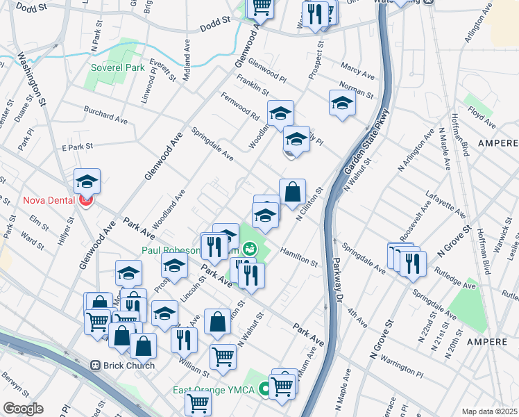 map of restaurants, bars, coffee shops, grocery stores, and more near 263 Lincoln Street in East Orange