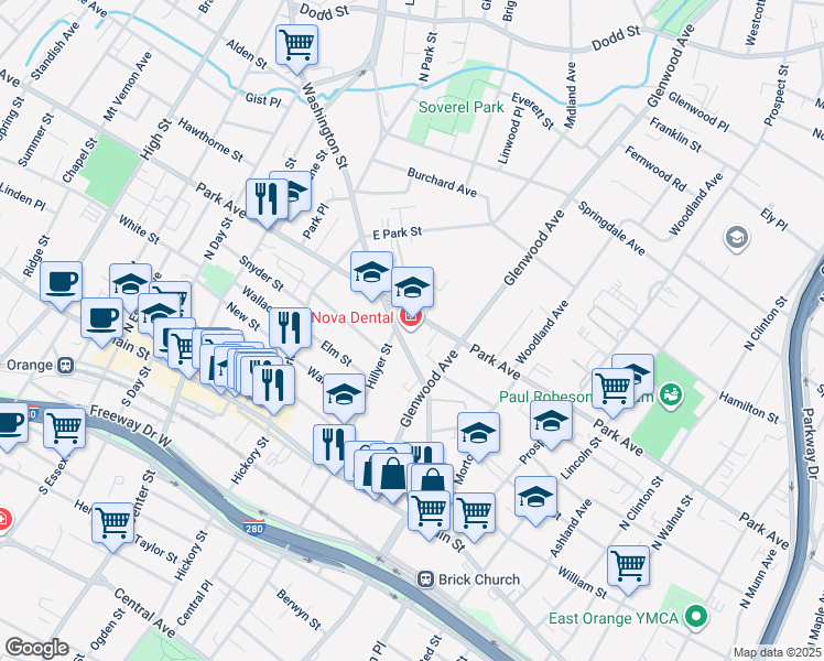 map of restaurants, bars, coffee shops, grocery stores, and more near 90 Washington Street in East Orange