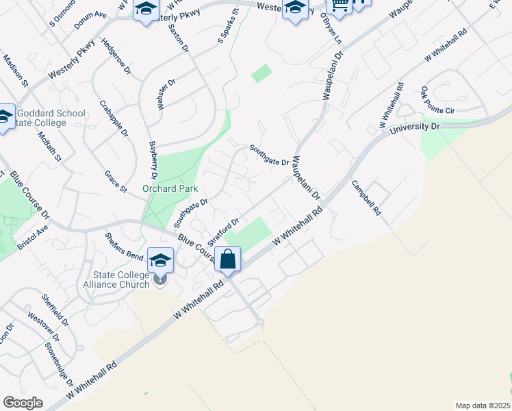 map of restaurants, bars, coffee shops, grocery stores, and more near 802 Stratford Drive in State College