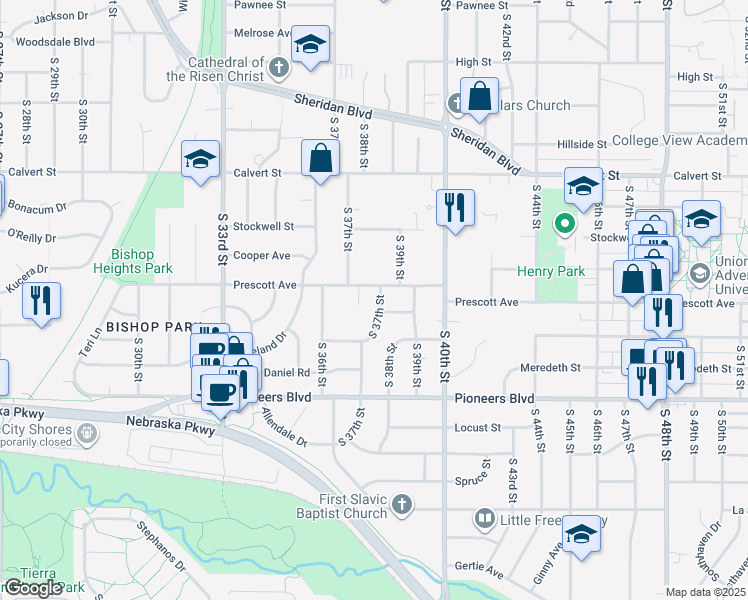 map of restaurants, bars, coffee shops, grocery stores, and more near 4010 South 37th Street in Lincoln