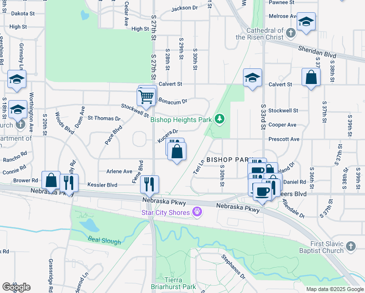 map of restaurants, bars, coffee shops, grocery stores, and more near 2800 Woods Boulevard in Lincoln