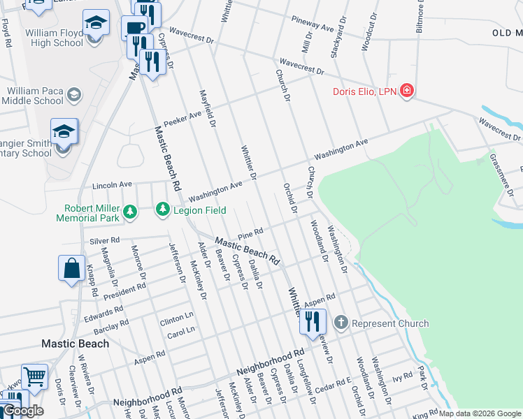 map of restaurants, bars, coffee shops, grocery stores, and more near 205 Whittier Drive in Mastic Beach