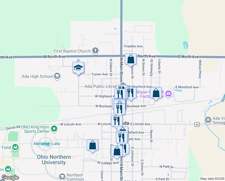 map of restaurants, bars, coffee shops, grocery stores, and more near 314 North Gilbert Street in Ada