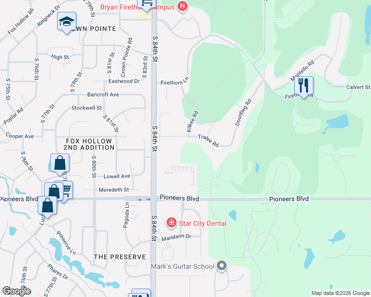 map of restaurants, bars, coffee shops, grocery stores, and more near 3800 South 84th Street in Lincoln