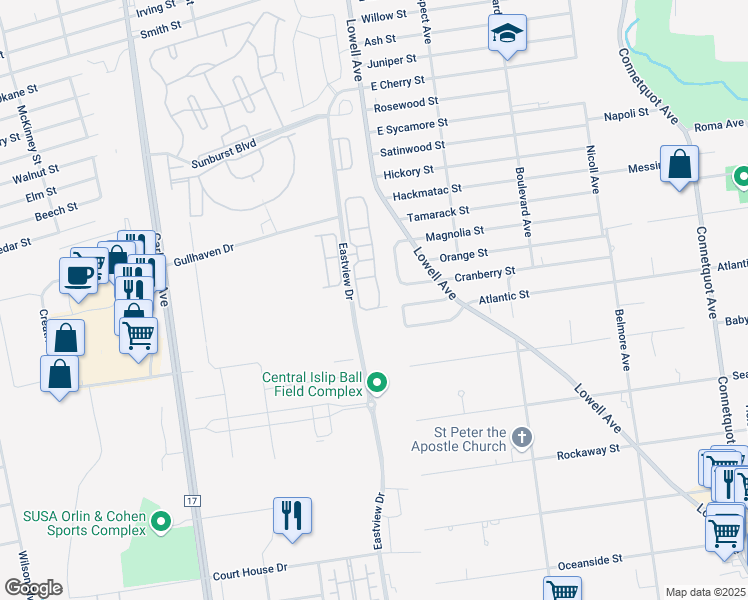 map of restaurants, bars, coffee shops, grocery stores, and more near 242 Medea Way in Central Islip