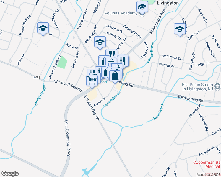 map of restaurants, bars, coffee shops, grocery stores, and more near 22 Burnet Street in Livingston