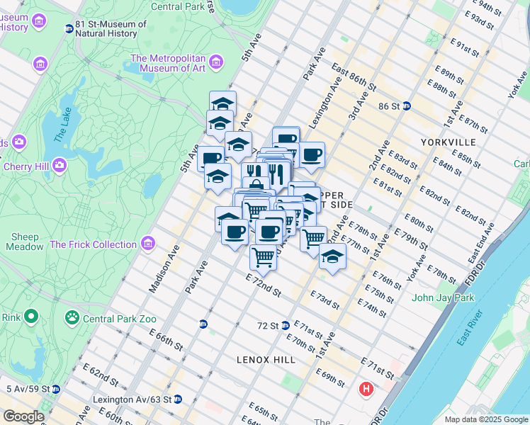 map of restaurants, bars, coffee shops, grocery stores, and more near Lexington Ave & E 76th St in New York