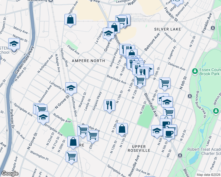 map of restaurants, bars, coffee shops, grocery stores, and more near 188 North 17th Street in Bloomfield