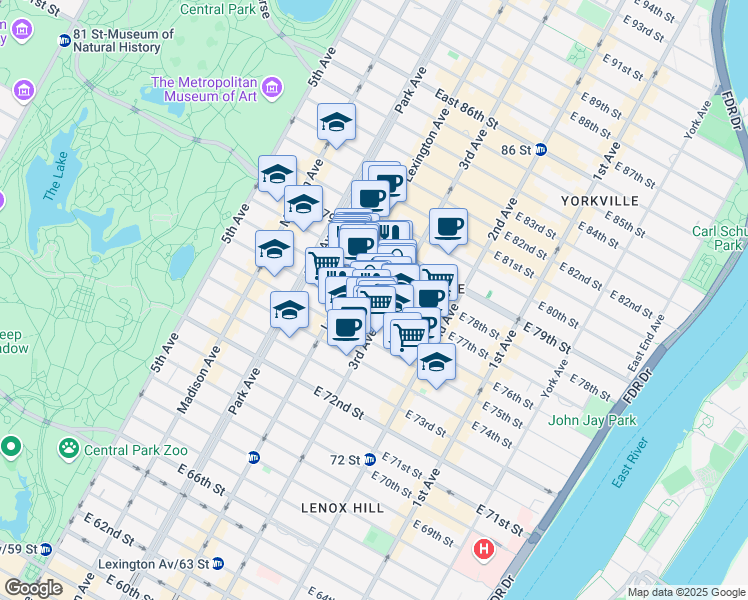 map of restaurants, bars, coffee shops, grocery stores, and more near 168 East 77th Street in New York