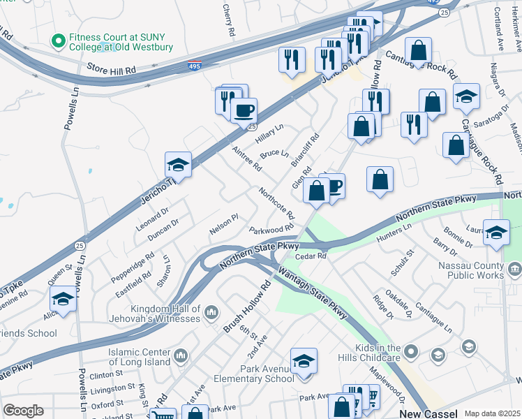 map of restaurants, bars, coffee shops, grocery stores, and more near 892 Baldwin Road in Westbury
