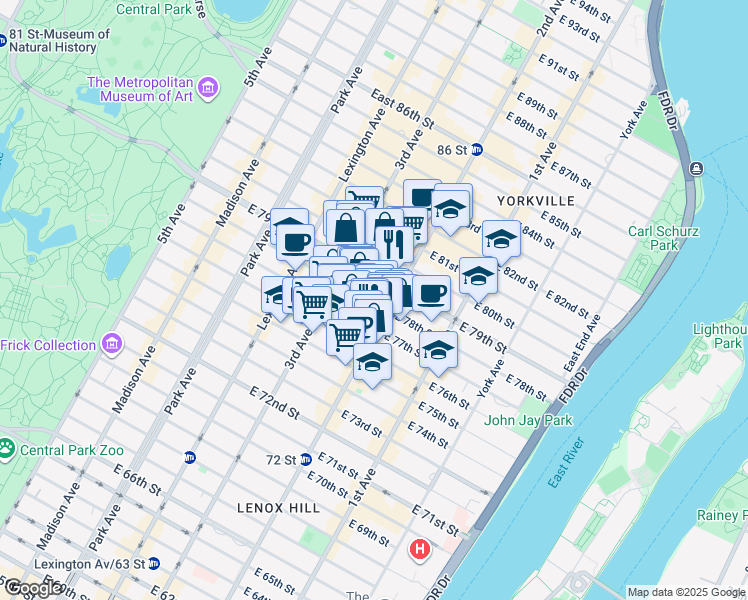 map of restaurants, bars, coffee shops, grocery stores, and more near 245 East 78th Street in New York