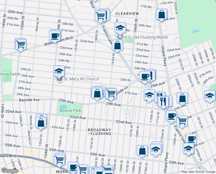 map of restaurants, bars, coffee shops, grocery stores, and more near 26-06 163rd Street in Queens