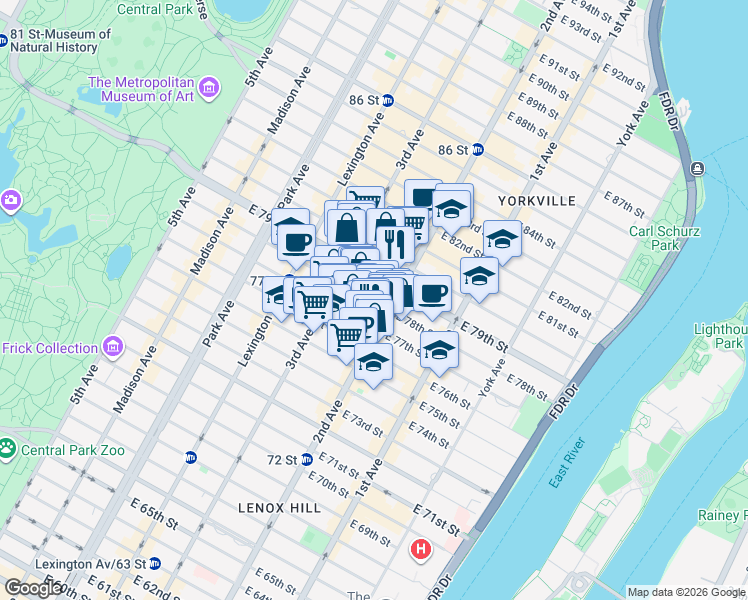 map of restaurants, bars, coffee shops, grocery stores, and more near 253 East 78th Street in New York