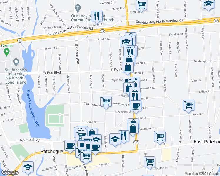 map of restaurants, bars, coffee shops, grocery stores, and more near 77 East Lakewood Street in Patchogue