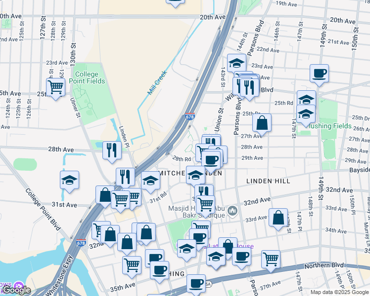 map of restaurants, bars, coffee shops, grocery stores, and more near 26-20 Whitestone Expressway in Queens