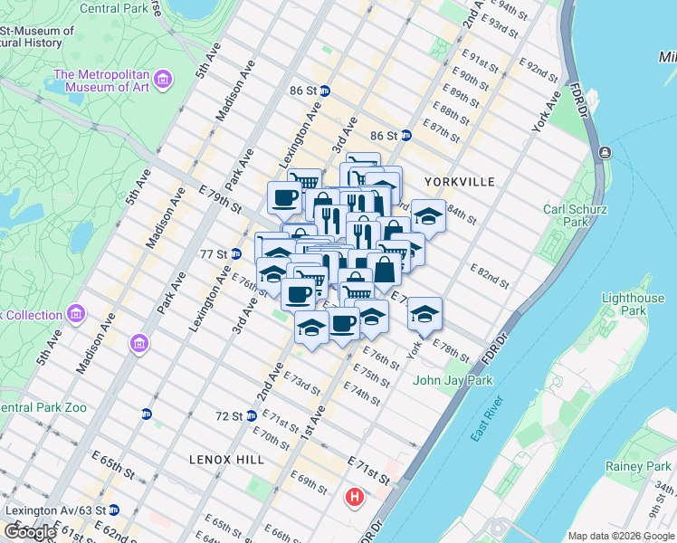 map of restaurants, bars, coffee shops, grocery stores, and more near 300 East 79th Street in New York
