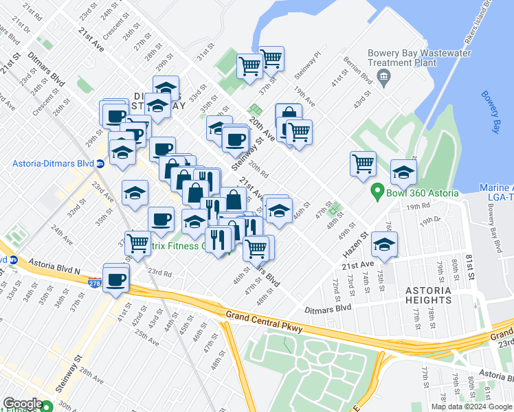map of restaurants, bars, coffee shops, grocery stores, and more near 21-12 43rd Street in Queens