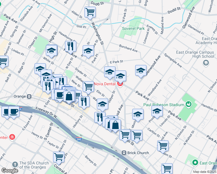 map of restaurants, bars, coffee shops, grocery stores, and more near 28 State Street in East Orange