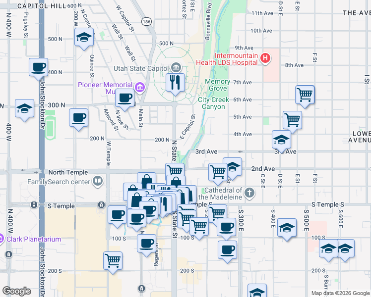 map of restaurants, bars, coffee shops, grocery stores, and more near 158 State Street in Salt Lake City