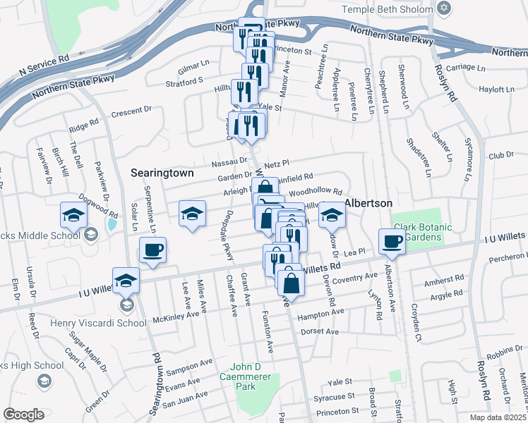map of restaurants, bars, coffee shops, grocery stores, and more near 18 Beverly Drive in Albertson