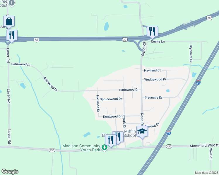 map of restaurants, bars, coffee shops, grocery stores, and more near 2229 Satinwood Dr in Mansfield