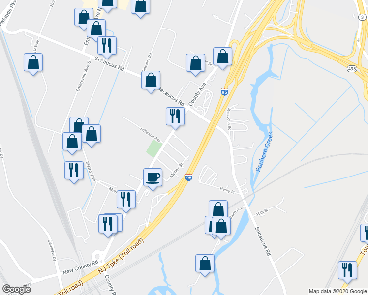 map of restaurants, bars, coffee shops, grocery stores, and more near 165 Washington Avenue in Secaucus