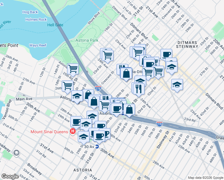 map of restaurants, bars, coffee shops, grocery stores, and more near 24-50 27th Street in Queens