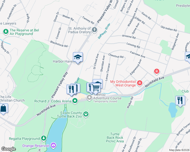 map of restaurants, bars, coffee shops, grocery stores, and more near 1 Rodman Place in West Orange