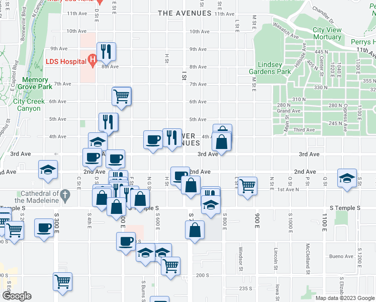 map of restaurants, bars, coffee shops, grocery stores, and more near 156 I Street in Salt Lake City